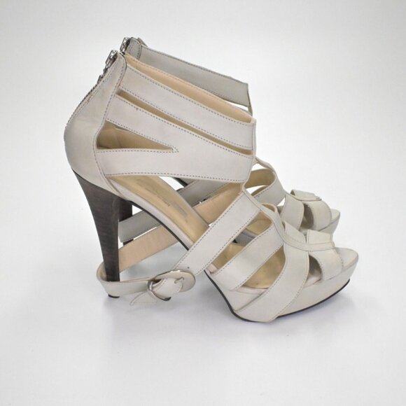 Vtg INNUE Heels Womens Size 38 Gray Leather Strappy Buckle Stiletto Back Zip 00s - Picture 5 of 14